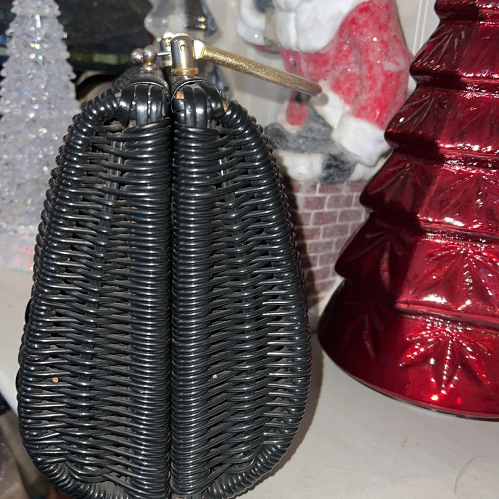 Rare Handmade Rattan beaded satchel British Colony Hong Kong black purse